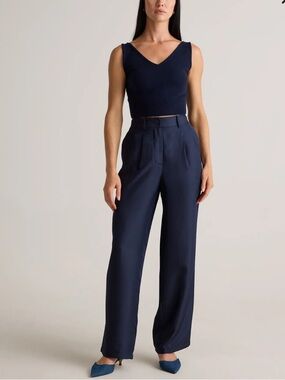 Quince 100% Silk Twill Trousers Deep Navy Size 16 NWT Wide Leg High Rise